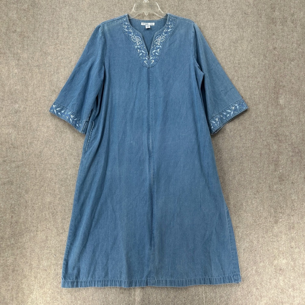 Go softly Denim Patio Dress MuuMuu Full Zip PM Pockets Floral Embroidery Kimono‎
